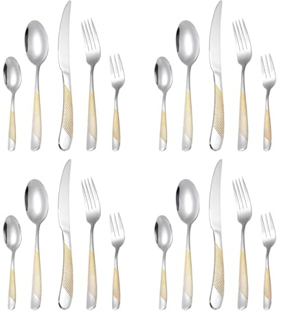 QUARKZMAN 4 Set Posate In Acciaio Inossidabile, Set Posateria Argento/Oro Include Coltelli Cucchiai Forchette Per Casa Cucina Ristorante