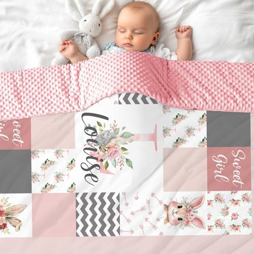 MJARTORIA Personalisierte Babydecke mit Name Baby Decke Neugeborenen Mädchen Junge Individuelle doppelseitig Kuscheldecke Kinderdecke Geschenk 100/150/200cm (Rosa Hase-3)