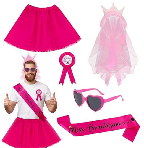 5-Teiliges Junggesellenabschied Männer Set, Jga Kostüm Männer Ausstattung, Junggesellenabschied Accessoires Mit Schulterband, Brustanhänger, Haarband, Kleid Und Brille, Partyzubehör Für Erwachsene Ver