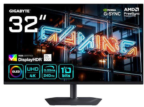 Gigabyte MO32U24 Monitor Gaming OLED 32” 4K UHD - 3840 x 2160, 240Hz, 0.03ms, 300 cd/m², G-Sync Compatibile, FreeSync Premium Pro, Display HDR True Black 500, HDMI 2.1, DisplayPort 1.4