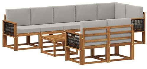 vidaXL Outdoor-Sofagarnitur 9 pcs Natürlich und Hellgrau Polyester, Stylisches Außensofa, wetterfestes Set, Bequeme Sitzgelegenheit für den Garten, Akazienholz Möbel