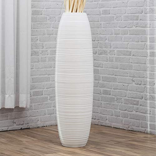Leewadee Große Deko Bodenvase Für Dekozweige, Hohe Standvase Für Pampasgras, Design Holzvase, 110 cm, Weiß