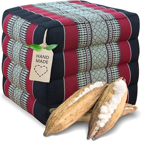 livasia Würfelkissen quadratisch - 40x40x40cm - Sitzhocker mit organischem Kapok, Sitzpouf, Lagerungswürfel viereckig, Bodenkissen Hocker Fußbank Fußhocker handgefertigt (Schwarz/Rot)