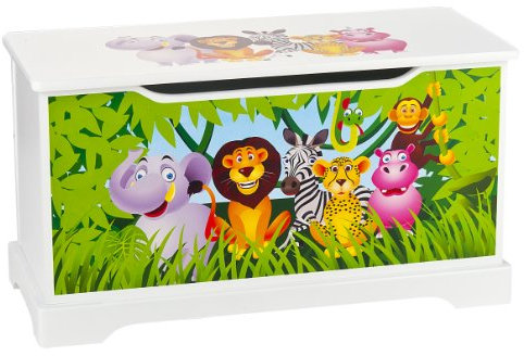 Leomark Hölzern Kindertruhenbank - ZOO- Kinderbank, Behälter für Spielzeug, Truhe für Kinderzimmer, Kindermöbel, Sitzbank mit Stauraum für Spielsachen, Höhe: 32 cm