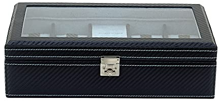 Friedrich|23, Uhrenkasten mit LED-Licht, Für 9 Uhren, Carbon-Optik, Feinsynthetik, 29,5 x 17 x 8,5 cm, Abschließbar, Glasdeckel, Carbon, Dunkelblau, 32059-5
