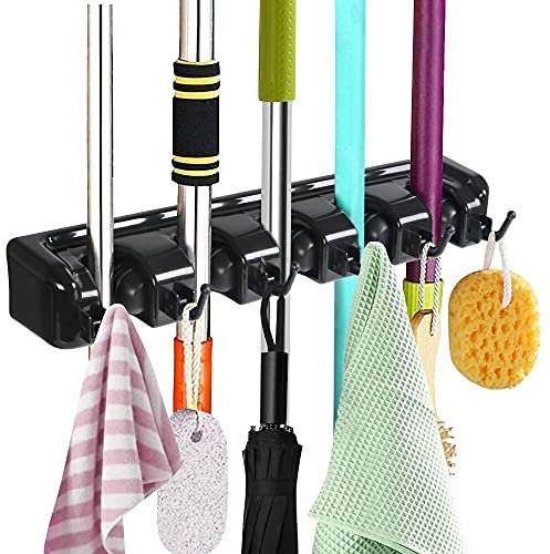 Vicloon Porte Balai Mural Multifonctions,Support Cintre de Rangement avec 5 Emplacements et 6 Crochets pour Votre Cuisine,Garage,Buanderie -Tourne VIS Offert