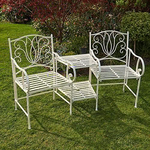Home Source Tulip Garden Bench Duo Love Seat Companion Chair Outdoor 2 Seater Ornate Design, Cream