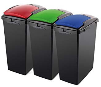Addis Set of 3 Recycling 40ltr Waste Utility Bins with Colour Coded Lids, Black, Blue, Red & Green, Green, Red, 42.5 x 28 x 56cm