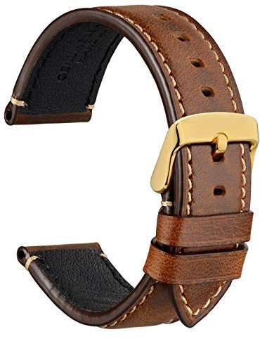 WOCCI 22mm Uhrenarmband für Business Uhren, Pull Up Leder, Polierte Goldene Schließe (Gold Braun)