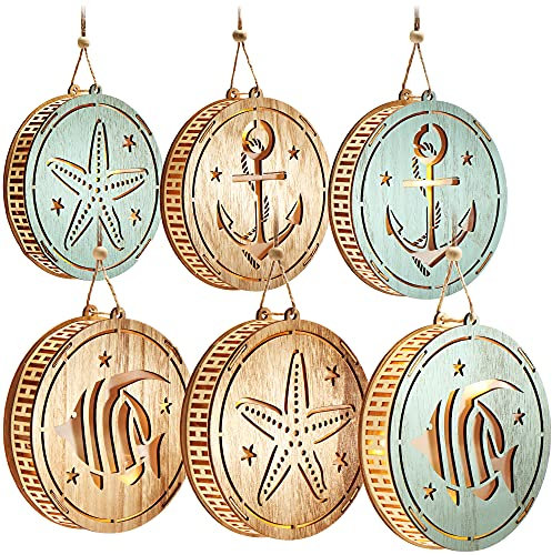 com-four® 6X LED Hängedeko aus Holz - Maritime Deko zum Aufhängen - Dekoration fürs Badezimmer - Ø 14,5 cm [Auswahl variiert] (6 Stück - 32 cm)