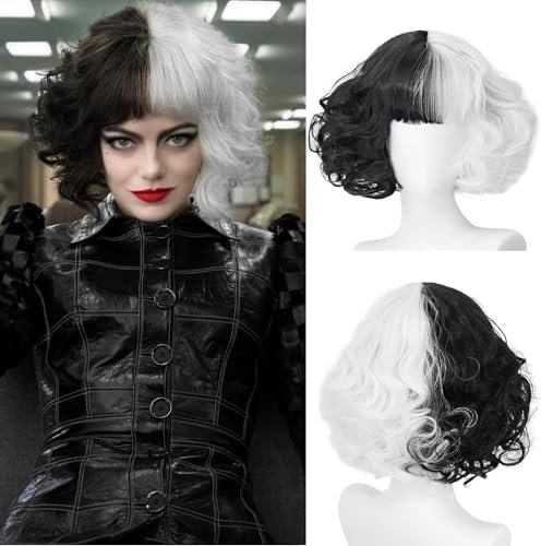 Perücke für Cruella Deville Kostüm Frauen Halb Schwarz Halb Weiß Kurze Perücken mit Pony für Party Cosplay Faching Halloween Bob Wig AL024