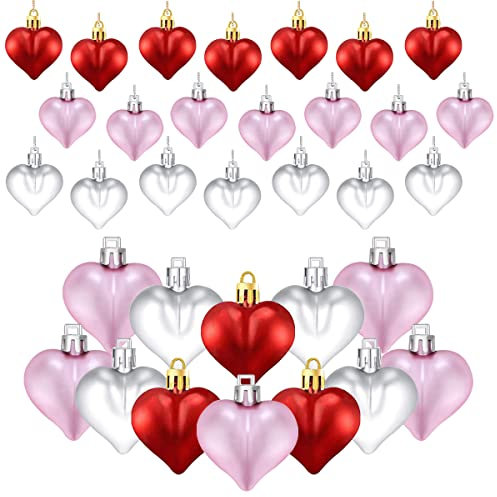 24 Stück Valentinstag Herz Ornamente Romantische Herzform Kugeln Hängende Dekoration Kunststoff Herz Dekoration für Valentinstag Muttertag Hochzeit Zuhause Baum Party Dekoration (Rot Rosa Silber)