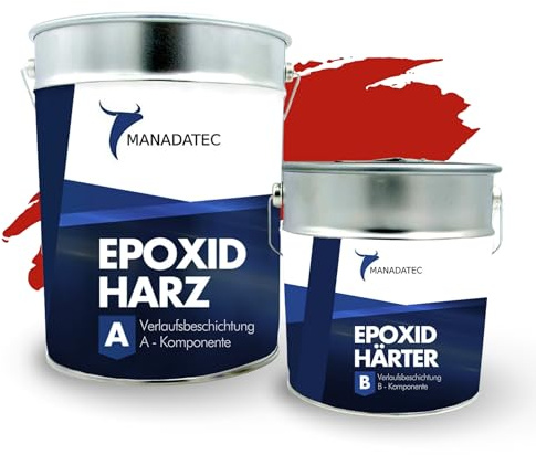 MANADATEC 2k Epoxidharz Verlaufsbeschichtung 6kg I RAL 3020 Verkehrsrot I Lösemittelfrei, Umweltfreundlich & Geruchsneutral I Für ebene Garagen-, Keller- & Werkstattböden I Hohe Belastbarkeit