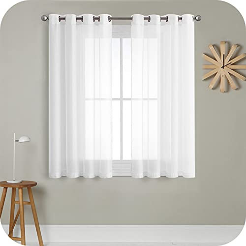 MRTREES Voile Gardinen Vorhang halbtransparent kurz mit Ösen in Leinenoptik Stores Gardinen Schals für Wohnzimmer Schlafzimmer Kinderzimmer Weiß 137×117cm (H×B) 2er Set