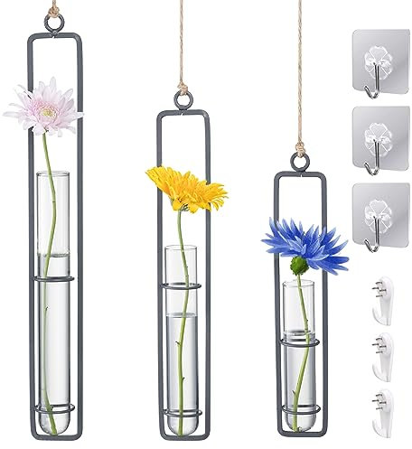 Bluweet Hängender Glasvase aus Schmiedeeisen, Kreativer Behälter für Wasserkultur, Hängende Flasche Reagenzglas für Blumen, im Wohnzimmer Garten, Schwarz 3 Stück mit Aufhängehaken