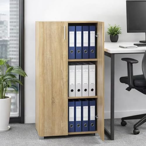 BAKAJI Mueble de Oficina con Vela y estantería de 3 estantes de Almacenamiento de Documentos con Dos Puertas con estantes, decoración Interior de salón de Madera tamaño H 115,5 x 60 x 31 cm (Roble)