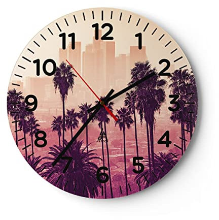 Modern Wanduhr Elche Angeles Palmen 40x40cm Rund Groß Wand Uhr Glas Analog Zimmeruhren Küche Büro Wohnzimmer Glasuhr Wall Clock Dekoration Design Wanddekoration Küchenuhr C4AR40x40-4285