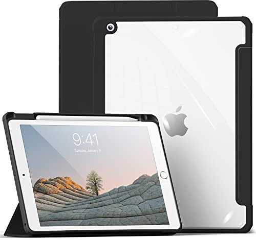 aoub Hülle für iPad 9. /8. / 7. Generation 2021 2020 2019, Smart Folio Hülle mit Stifthalter für iPad 9/8/7, Schutzhülle für i Pad 10,2 Zoll, Transparente Rückseite, Schwarz