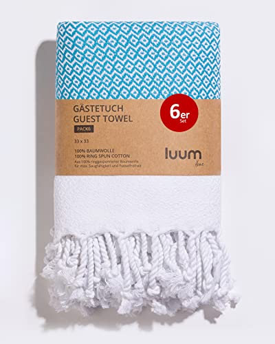 Luum® 6er Set Hamam Gästehandtücher, Deko Handtücher, Seiftuch, Waschlappen, Stoffservietten, Putzlappen, 100% Baumwolle schnelltrocknend fusselfrei Türkis, 33x33 Geschenkset Geschenke für Frauen
