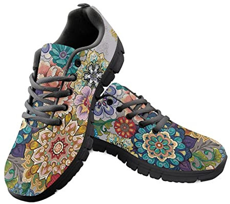Kuiaobaty Leichte Sportschuhe, Hundepfoten, Tribal-Streifen, Totenköpfe, bequeme Arbeitstrainer, niedriger Schnitt, Böhmische Blumen, bunt, 38 EU