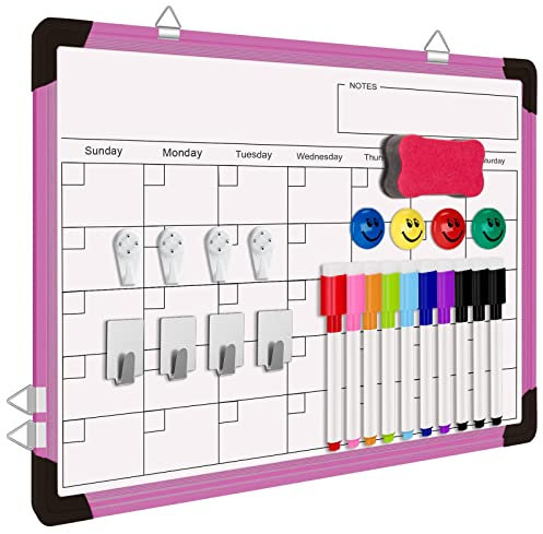 FINEW Tableau Blanc Magnétique 40 x 30 cm - Double Face Avec Cadre en Aluminium - Pour l'École, la Liste, le Dessin, le Bureau, la Cuisine (Rose)