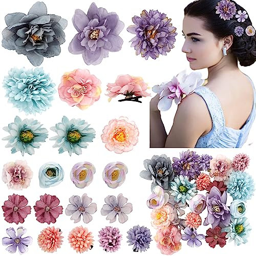 Ahoney Rapunzel - 21 pinzas para el pelo con flores moradas para mujeres y niñas, pinzas para el pelo con múltiples flores, pinzas de cocodrilo, accesorios para el cabello para fiestas en la playa,