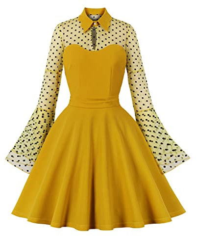 Frauen Schlüsselloch Schmetterling Mesh Glocke Langarm Gothic Cocktail Vintage Kleid Peter Pan Kragen Sheer Illusion Panel Minikleid, gelb, Klein