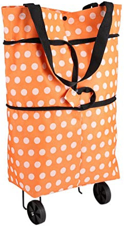 Gavigain Rollende Einkaufstasche mit Rädern, Faltbare Doppelzweck-Einkaufstasche mit Rädern aus Oxford-Stoff, 2 in 1 tragbare Einkaufstasche, rollender Trolley, Einkaufsbox (orangefarbene Punkte)