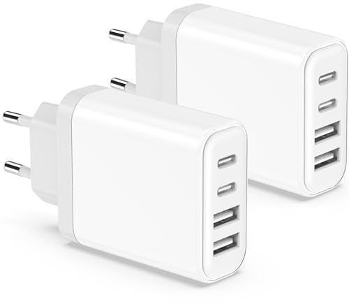 Chargeur USB C, 2 Pack 40W 4-Port Prise USBC Replacement for iPhone 15/14/13/12/11 Pro Max Plus/XS/XR/8/7/6, Pad, Wallgone Multi Secteur Mural Type C Rapide Charger Alimentation Embout Bloc Adaptateur