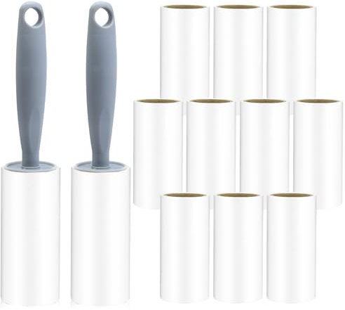Pumuky Rouleau Poils Animaux,Brosse Vetement Anti Poils,480 Feuilles Brosse Collantes AdhéSif Puissant Brosse Adhesive pour Poils D’Animaux,Vêtements,Tapis,Canapés(12Rouleaux + 2 Brosse)