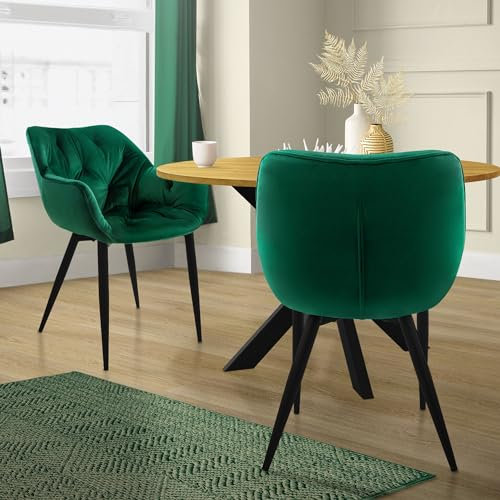 ML-Design Set de 2 Chaises de Salle à Manger, Vert Foncé, Assise Rembourrée en Velours, Pieds Métalliques Noir, avec Dossier et Accoudoirs Ergonomiques, Fauteuil Moderne Salon Bureau Chambre Cuisine