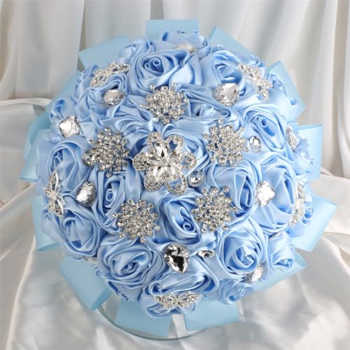 Mhojpik 22,1 cm hellblauer Brautstrauß, Überwurf, künstliche Rosenknospe, Blumenstrauß mit glitzernder Brosche für Braut, Brautjungfer, Hochzeit, Quinceanera
