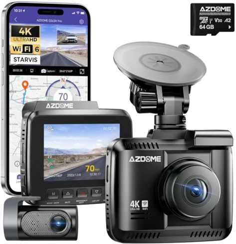 AZDOME Dashcam Auto Vorne Hinten 4K/2,5K mit STARVIS, Dash Cam Auto Kamera | 3 IPS-Bildschirm, kostenlose 64-GB-Karte,5.8GHz WiFi, GPS, 170°Weitwinkel WDR, Unterstützt 512 GB Max(GS63H Pro)