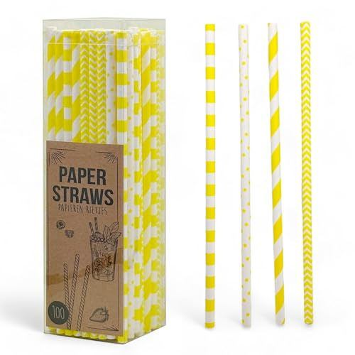 MIJOMA Lot de 100 pailles en papier écologiques pour anniversaire d'enfant, mariage, baptême de bébé, fête, biodégradables (pois et rayures jaunes)