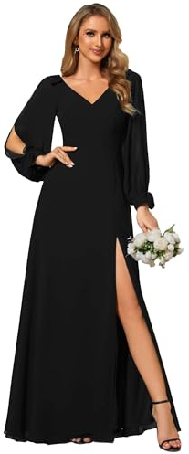 Ever-Pretty Women's Long Sleeves V-Neck Off Shoulder A Line Thigh High Slit Chiffon Floor Length Bridesmaid Dresses ES80116