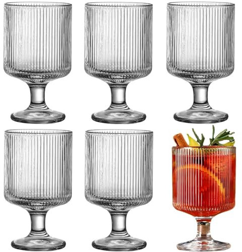 6 Stück Cocktailgläser Kaffeegläser Set| Glas Eisbecher Dessertgläser Mit Fuß| 220ML Weingläser Eiskaffeegläser Wassergläser| Geriffelte Trinkgläser Latte Macchiato Tassen Für Camping Bar (Stil E)