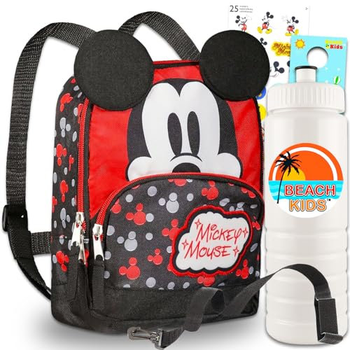 Mickey Mouse Geschirr-Rucksack für Kleinkinder – Mickey-Rucksack für Kinder, Paket mit 25,4 cm Mini-Micky-Maus-Rucksack, Wasserflasche, Aufklebern, mehr | Mickey Mouse Kleinkind-Leinen-Rucksack,