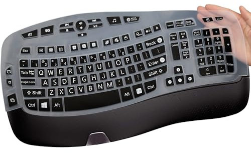 MUBUY-GOL Large Print Keyboard Cover for Logitech K350 Wireless Wave Keyboard, MK570, MK550; Black Silicone; Water Resistant, Dust Proof, Washable