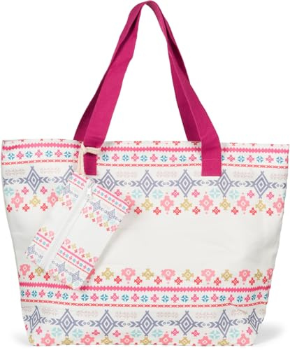 styleBREAKER Damen Strandtaschen Set Azteken Muster | 57,5x40x15 cm, Reißverschluss, 68 cm gewebte Henkel. Inkl. 19x13 cm Etui für Wertsachen. Geräumiger Boho-Shopper für Familie.