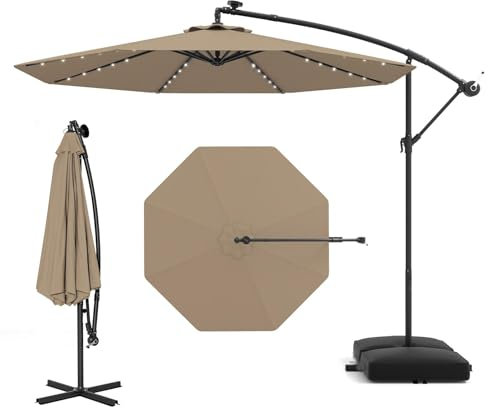 SPOTRAVEL 3M Cantilever Garden Parasol, Square Hanging Sun Shade Banana Umbrella with 40 LED Lights, Sand Bag & Solar Panel Batteries, Outdoor Offset Market Umbrella for Patio Balcony (Coffee)