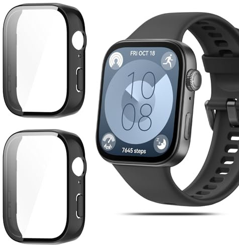 QULLOO 2 Pièces Coque pour HUAWEI Watch FIT 3 Protection Écran, Dur PC Matériel étui de Protection Complète Case de Verre Trempé pour HUAWEI Watch FIT 3, Noir