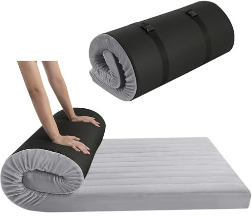 MeMoreCool Aufrollbare Klappmatratze Gästebett, Klappbar Tragbare Futon Matratze, Hochdichte Schaumstoff-Faltmatratze mit Reisetasche, Schlafmatratze, Gästematratze für Reisen, 140x200 cm, Grau