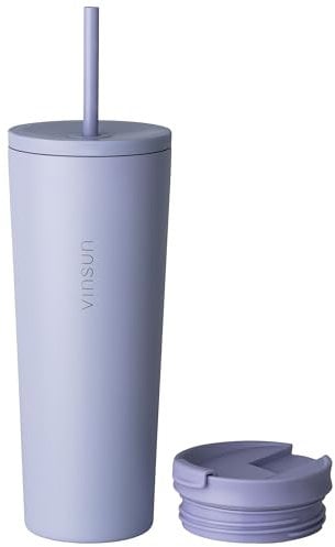 VINSUN Mug Isotherme avec Paille et Couvercle 720ml - Acier Inoxydable, Anti-Fuite, Double Paroi, Boissons Chaudes et Froides - Tasse Isotherme pour Voyage, Voiture, Uni