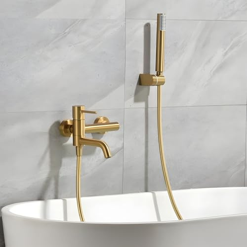IMEX - Grifo Bañera y Ducha Monomando Dorado | Grifo Mezclador de Pared con Soporte Alcachofa de Ducha y Manguera | Grifería en Latón y Acero Inoxidable S.304 | Serie Monza | Color Oro Cepillado