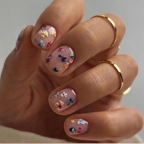 Hebterrka Lot de 24 faux ongles press-on extra courts carrés avec motif floral - En acrylique - Réutilisables - Pour femme