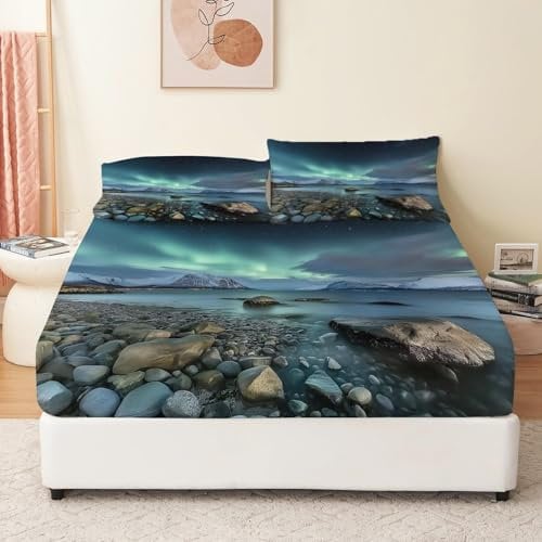 Spannbettlaken 160 x 200 cm Die Schönheit der Natur Das Nordlicht Spannbetttuch Bis 30 cm Matratzenhöhe Blau Bettlaken Weiche Polyester-Mikrofaser