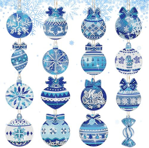 SelfTek 16 Stück Weihnachtskugeln Diamond Painting Weihnachten Anhänger, Diamond Painting Kinder, Doppelseitige DIY, 5D Diamant Painting Schlüsselanhänger für Weihnachtendeko und Geschenk