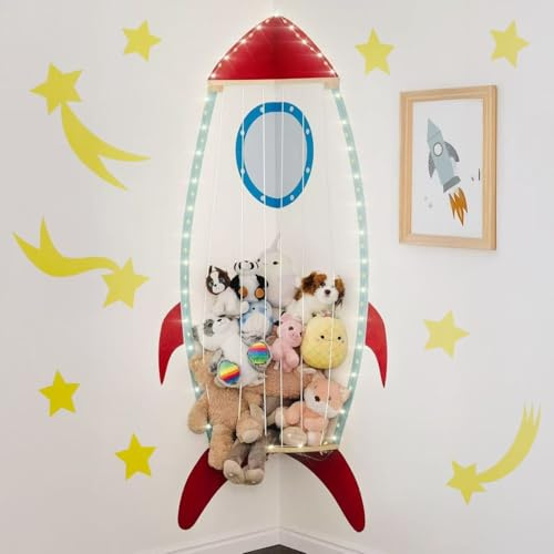 PUTSKA Nursery Furniture Hanging Organizer – Wall Mounted Stuffed Animal Storage for Baby Room, Corner Plush Collection Display & Nursery Organization System, Space-Saving Vertical Storage - Spaceship