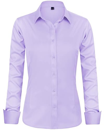J.VER Blusen Regular Fit Klassische Bügelleicht Hemdbluse Langarm Damen Lässig Stretch für Hochzeitsgäste Service und College,Lila,L