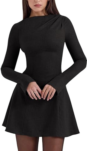 YMDUCH Women's Sexy Long Flare Sleeve Boat Neck A-Line Casual Mini Party Club Dress, Black, L